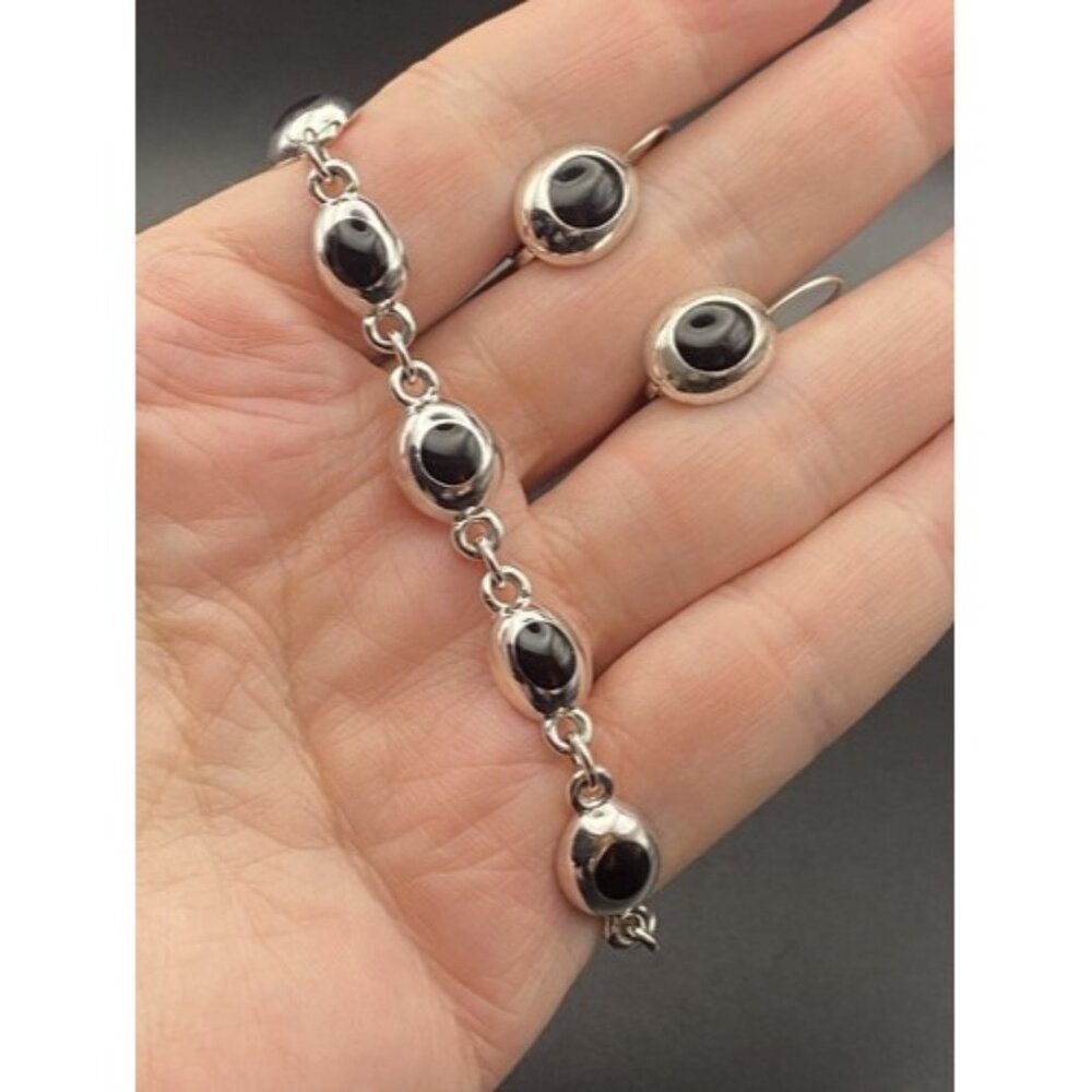 Vintage Bracelet Pierced Earrings Signed Liz Claiborne Silver Tone Black Accents